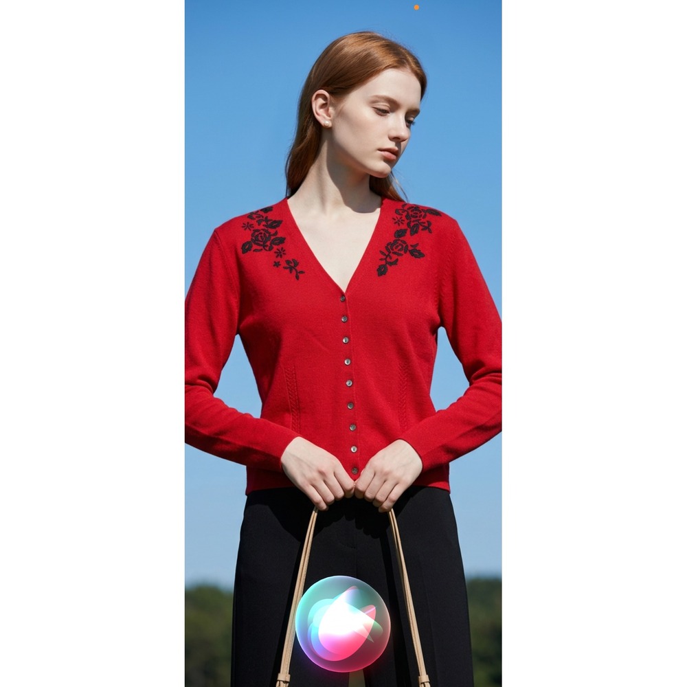 Valerie Separates Red Pima Cotton Floral Embroidered V-Neck Cardigan Sweater L